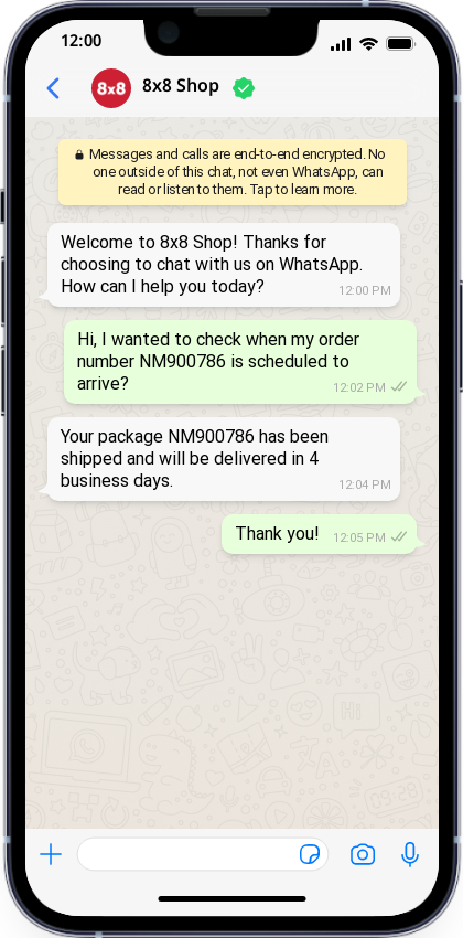 Screenshot of WhatsApp conversation between ecommerce shop and customer asking for delivery date of order