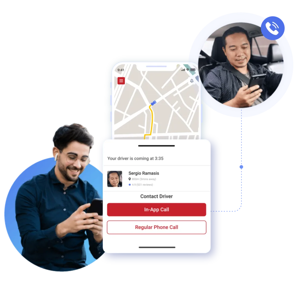 Fitur in-app calling dalam aplikasi ride-hailing yang menampilkan opsi penumpang untuk menghubungi pengemudi, dengan pengemudi menerima panggilan di teleponnya