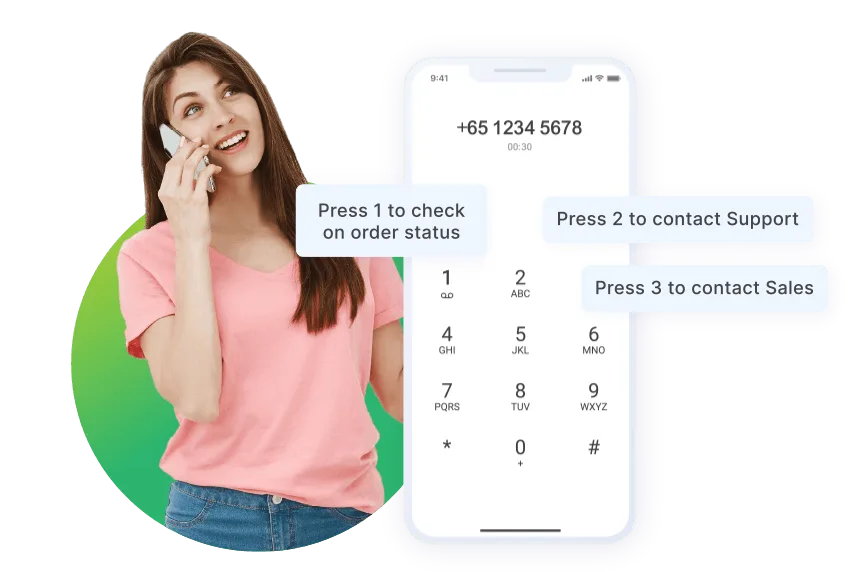 8x8 Voice IVR menu on a Singapore phone call, with options to check order status, contact support, or reach sales